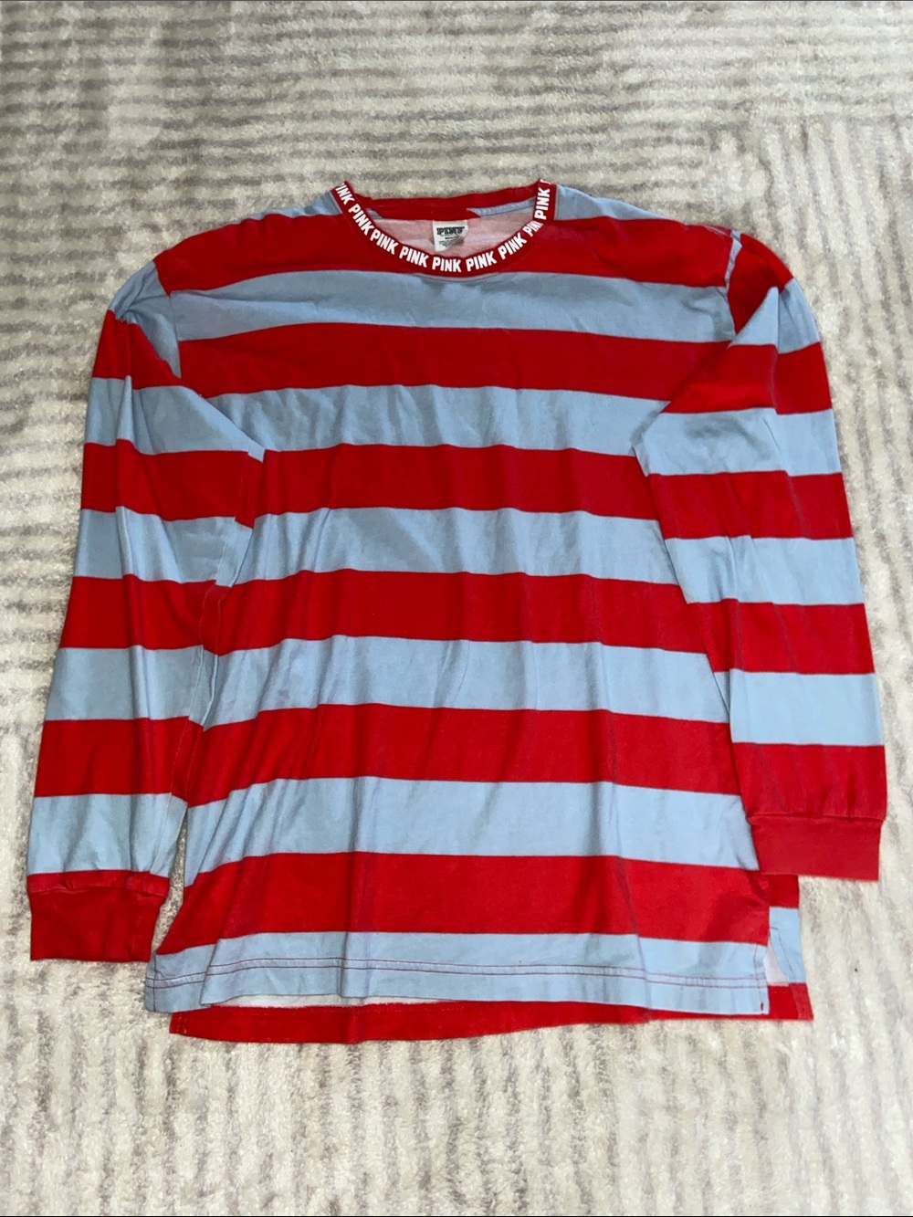PINK Red & Light Blue Striped Crewneck Tee